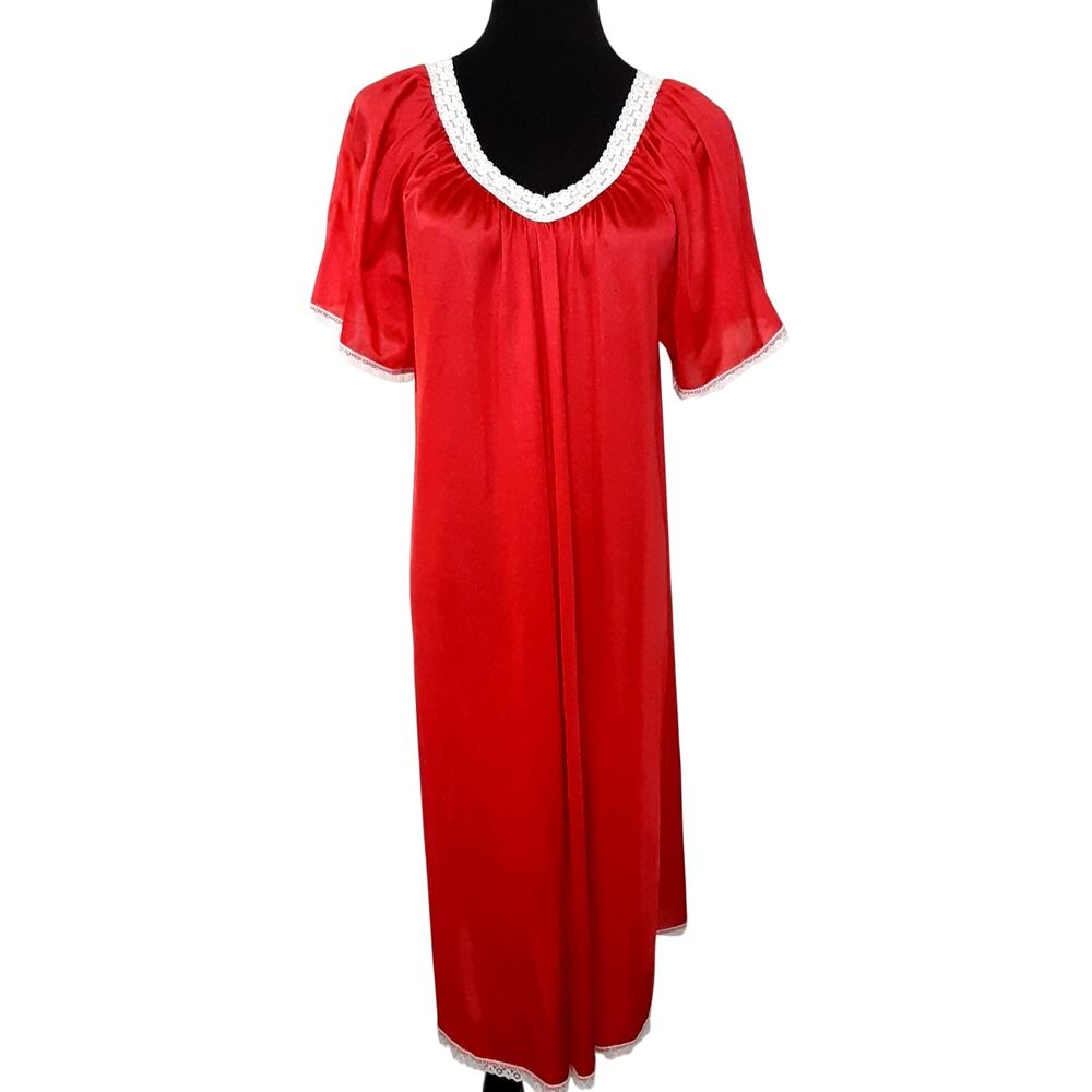 Vintage 80s Satin Lace Nightgown House Dress V Neck Sleep Dress Nightie Sz L Red